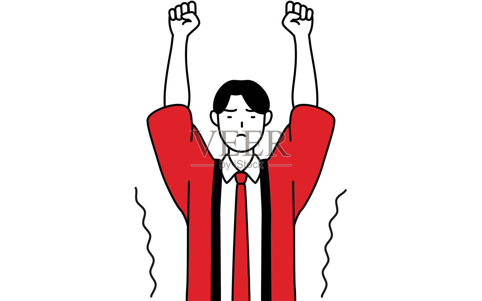 一名身穿红色幸福大衣的男子伸着懒腰，站得高高的。插画图片素材