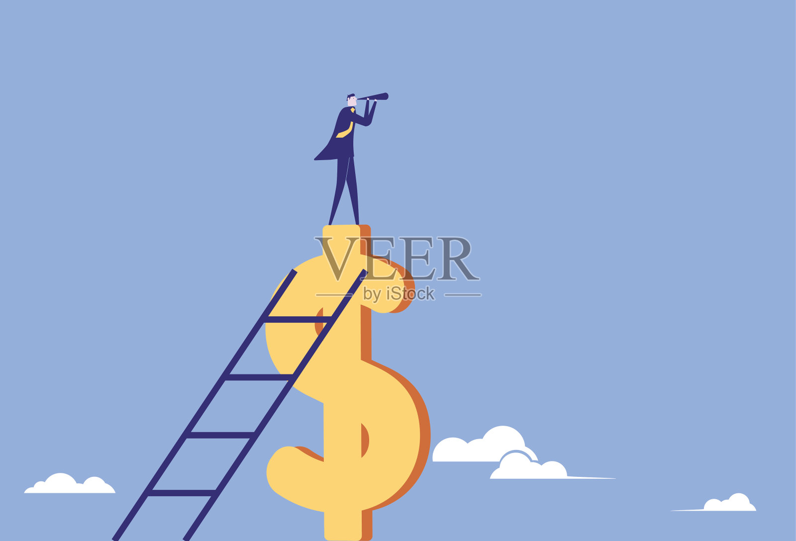 商人站在美元上用望远镜寻找目标插画图片素材