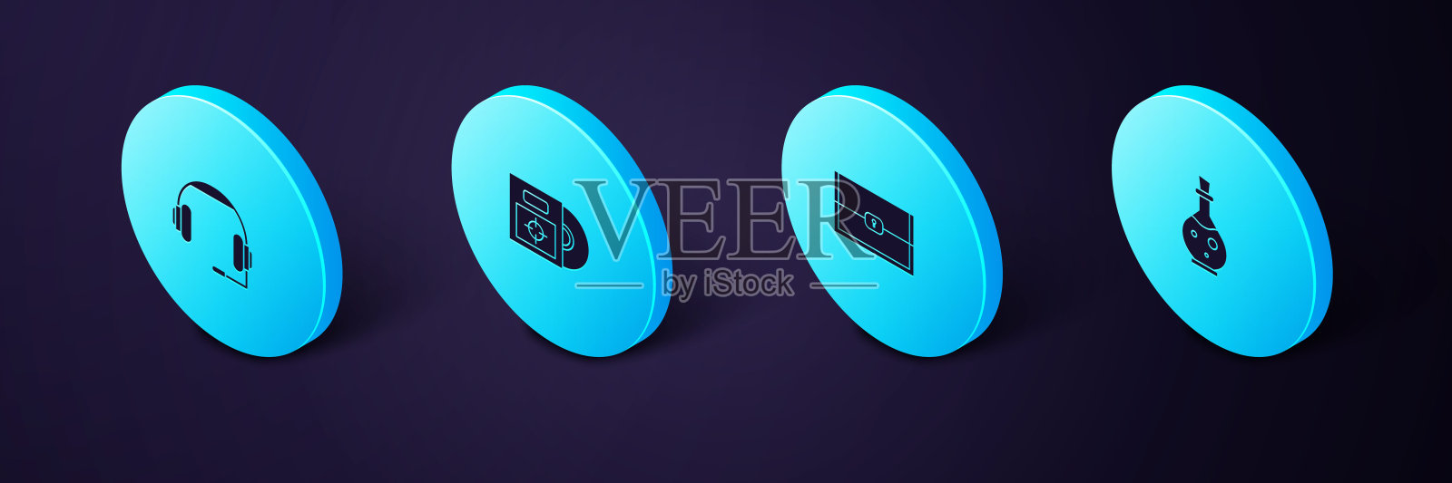 设置等角瓶与魔法仙丹，箱子的游戏，CD DVD光盘盒和耳机图标。向量图标素材