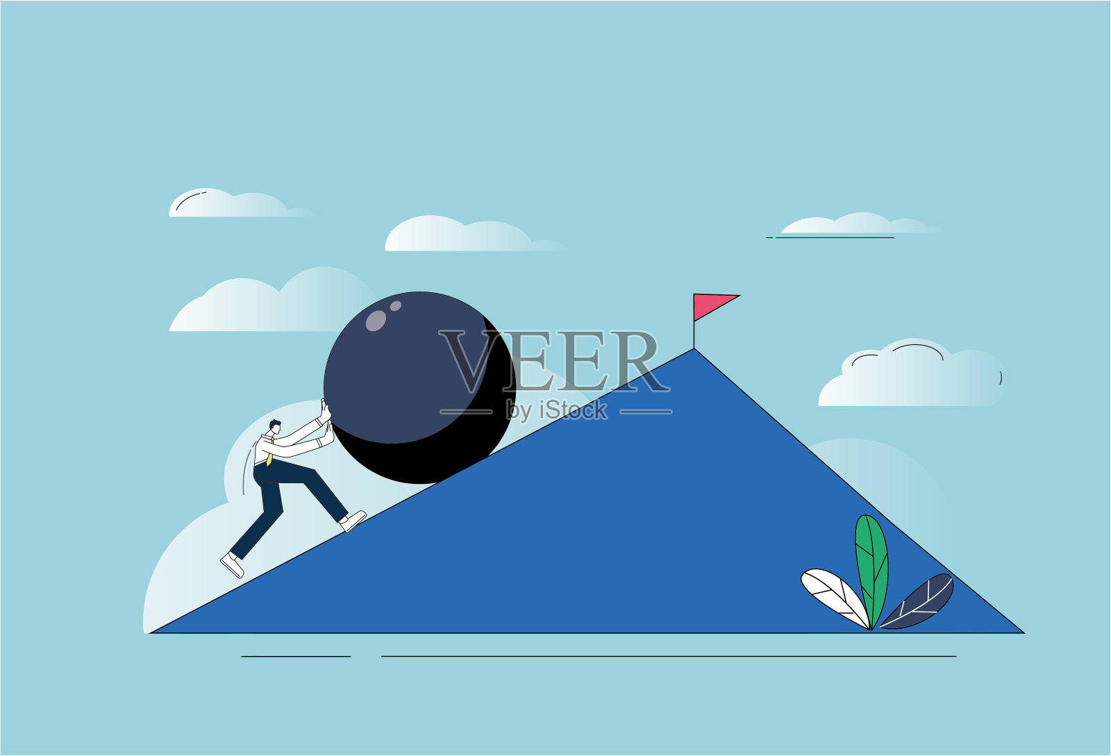 那人把铁球推到山顶上。插画图片素材
