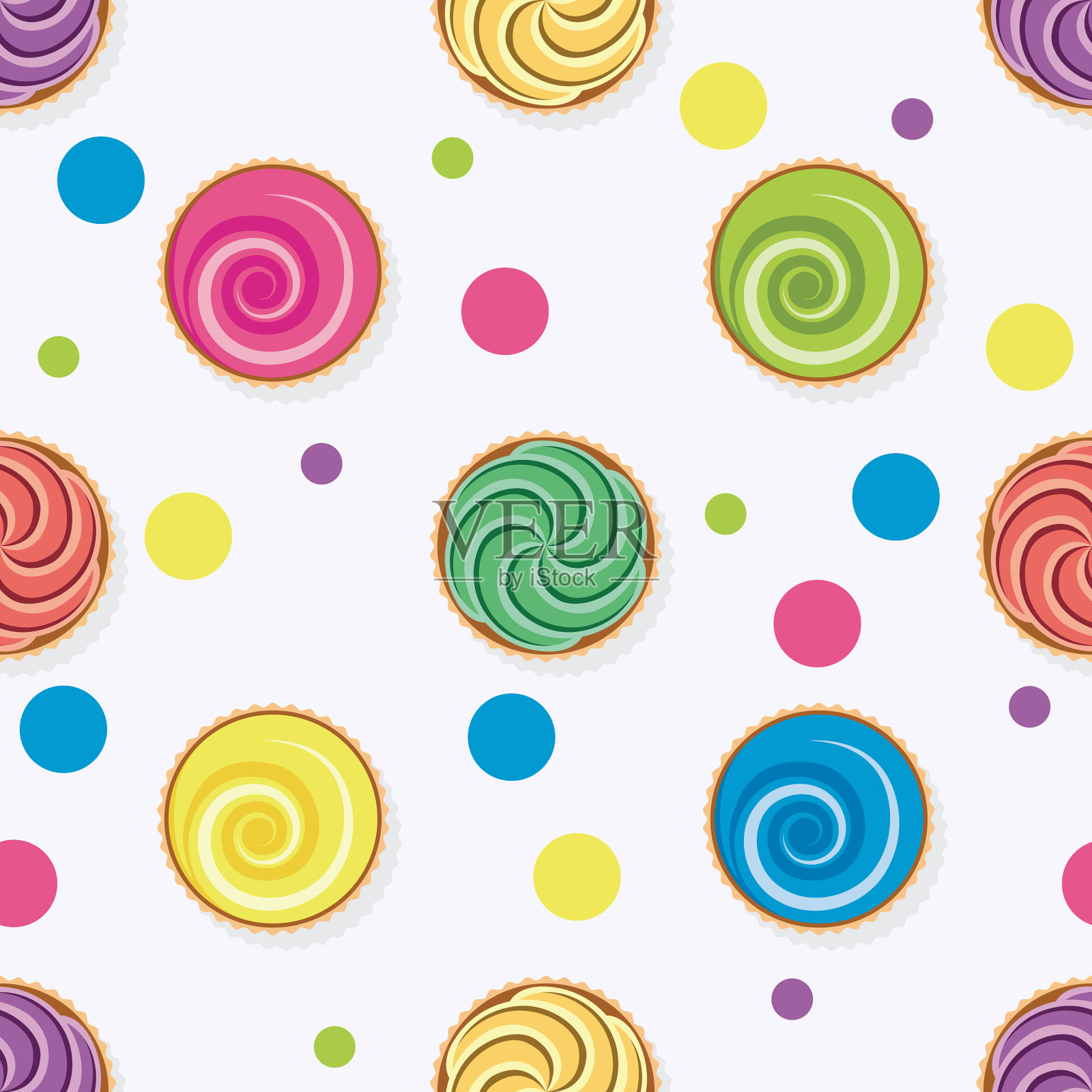 无缝背景与彩色纸杯蛋糕插画图片素材