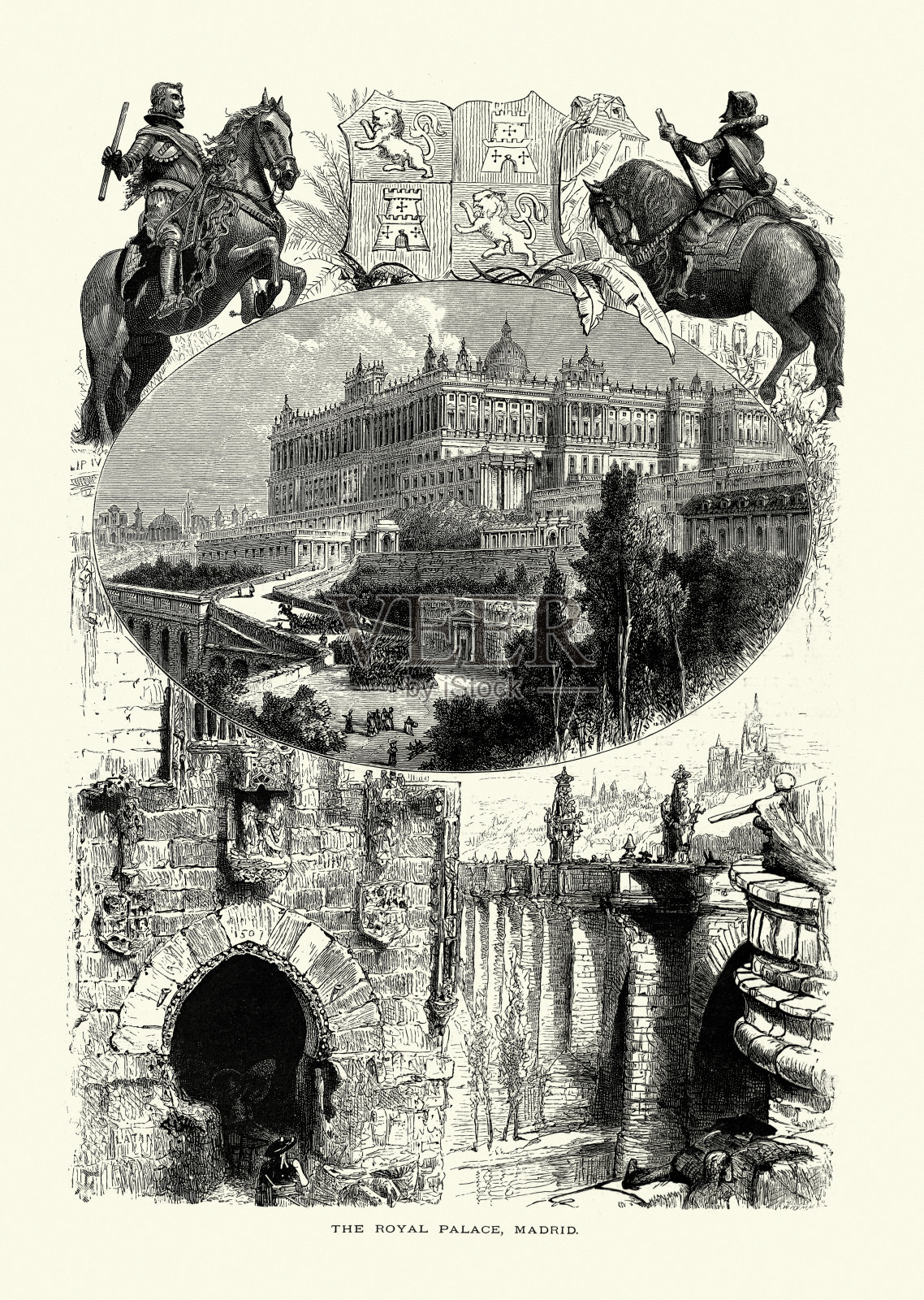 皇家宫殿，盾形纹章，马德里，西班牙，19世纪插画图片素材