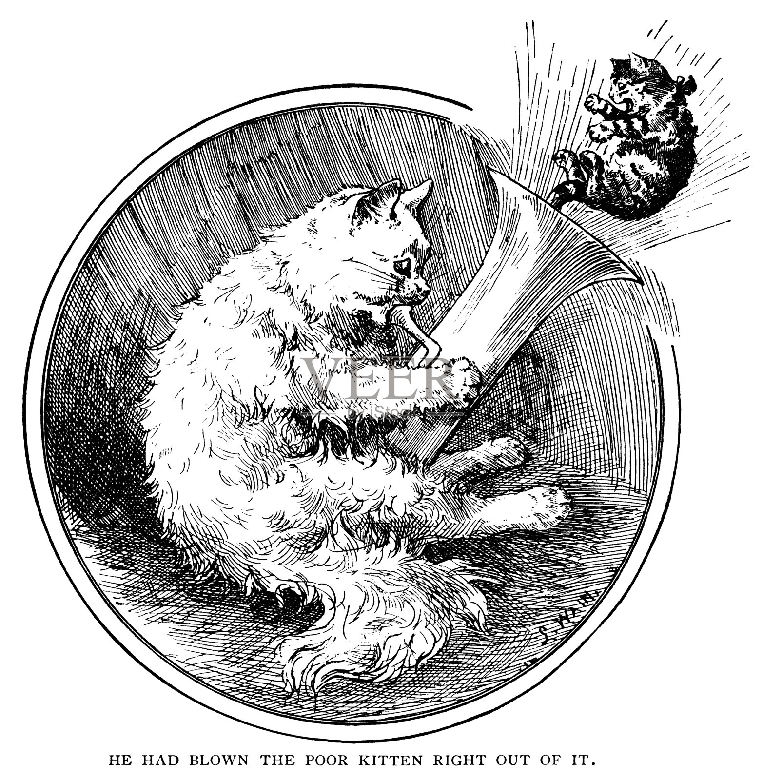 小猫被吹出大号由一只大猫-路易斯韦恩雕刻插画图片素材