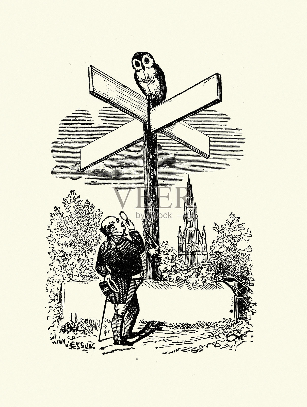 复古插画男子抬头看着猫头鹰坐在空白的方向标志，维多利亚，19世纪插画图片素材