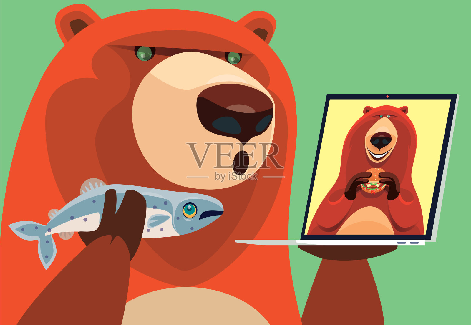 两只熊通过笔记本电脑视频聊天插画图片素材