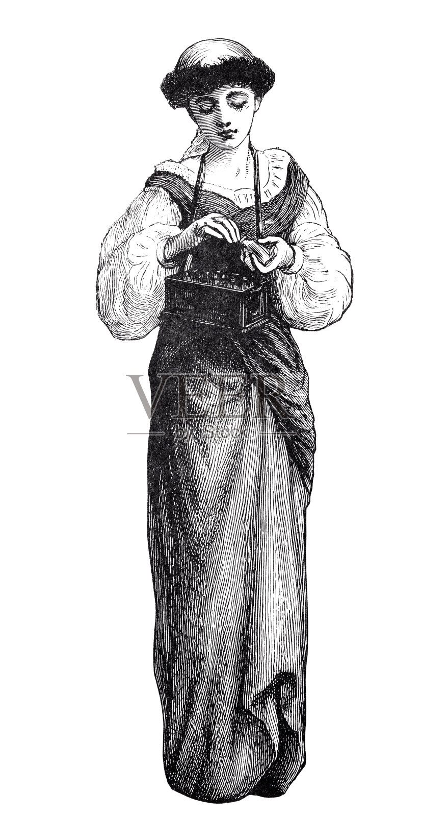 一个年轻的女人拿着一个悬挂的托盘在卖小瓶子里的液体药品或美容产品，全长，白色背景插画图片素材