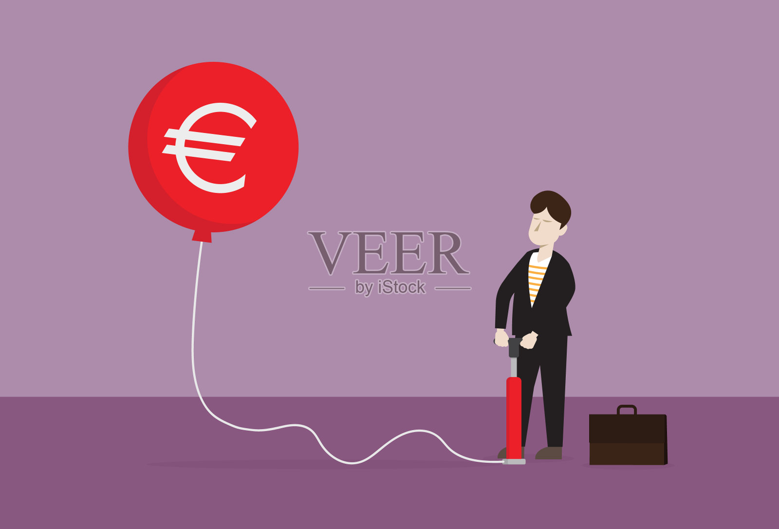 商人用自行车打气筒给一个象征欧元的气球充气插画图片素材