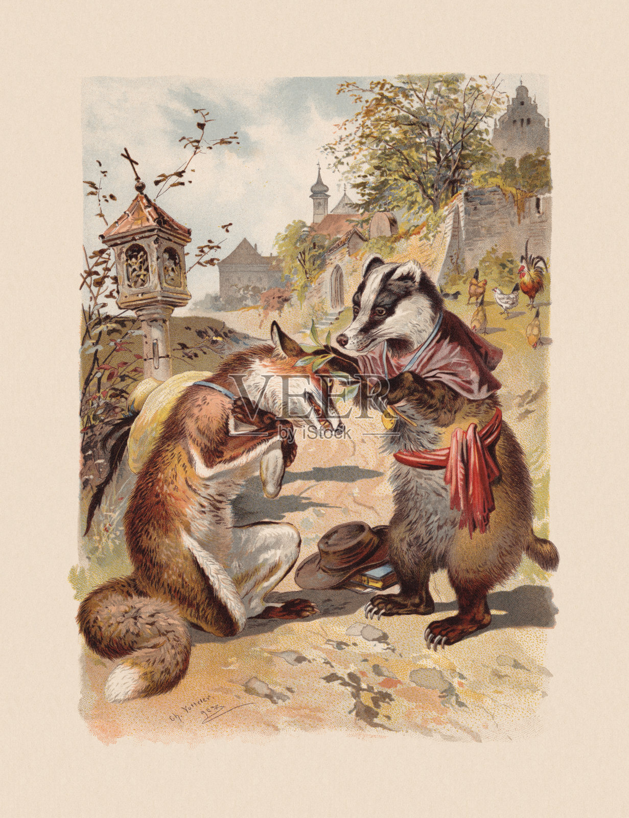 《雷纳德的忏悔》，选自1898年出版的《雷纳德的狐狸》插画图片素材