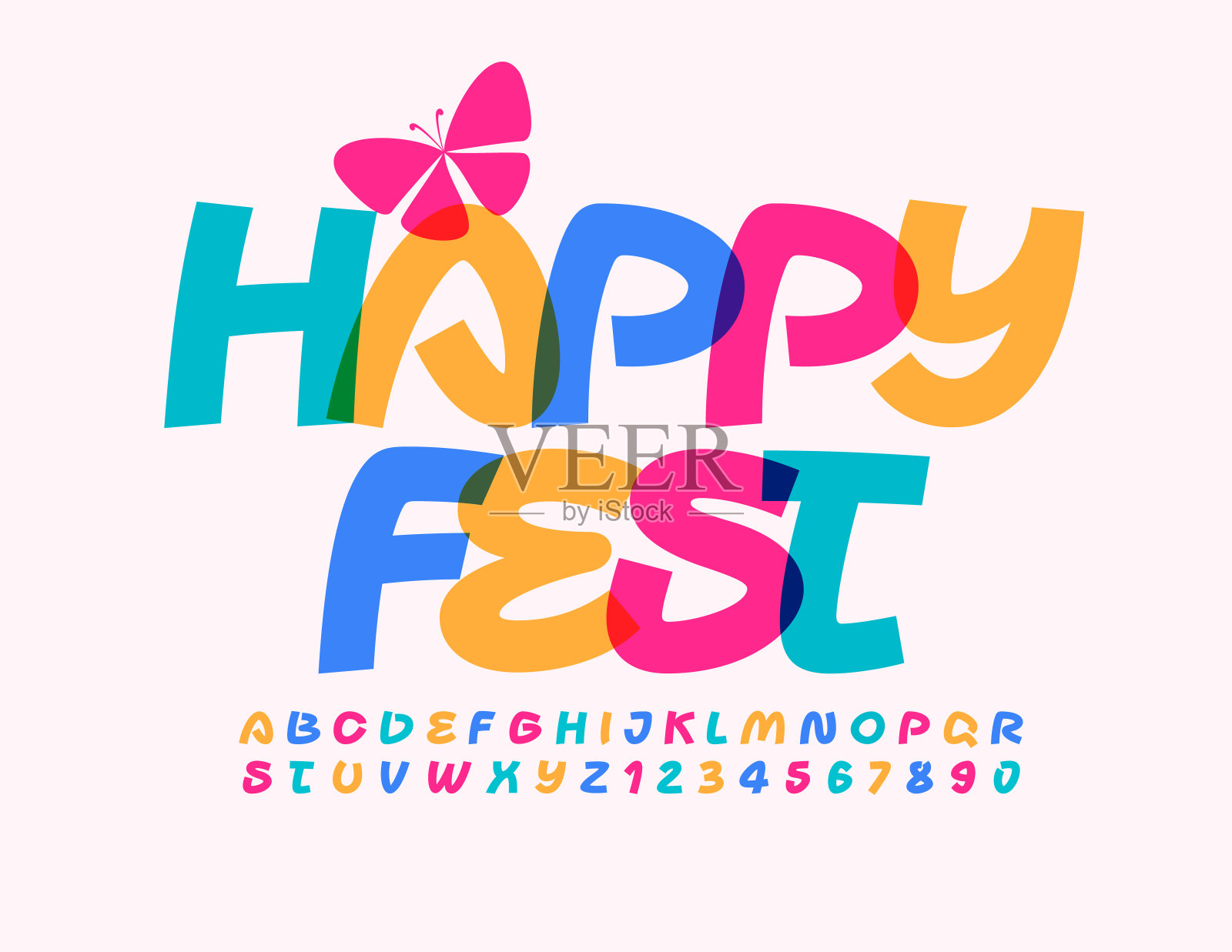 矢量海报Happy Fest与时尚的蝴蝶。彩色字母和数字插画图片素材