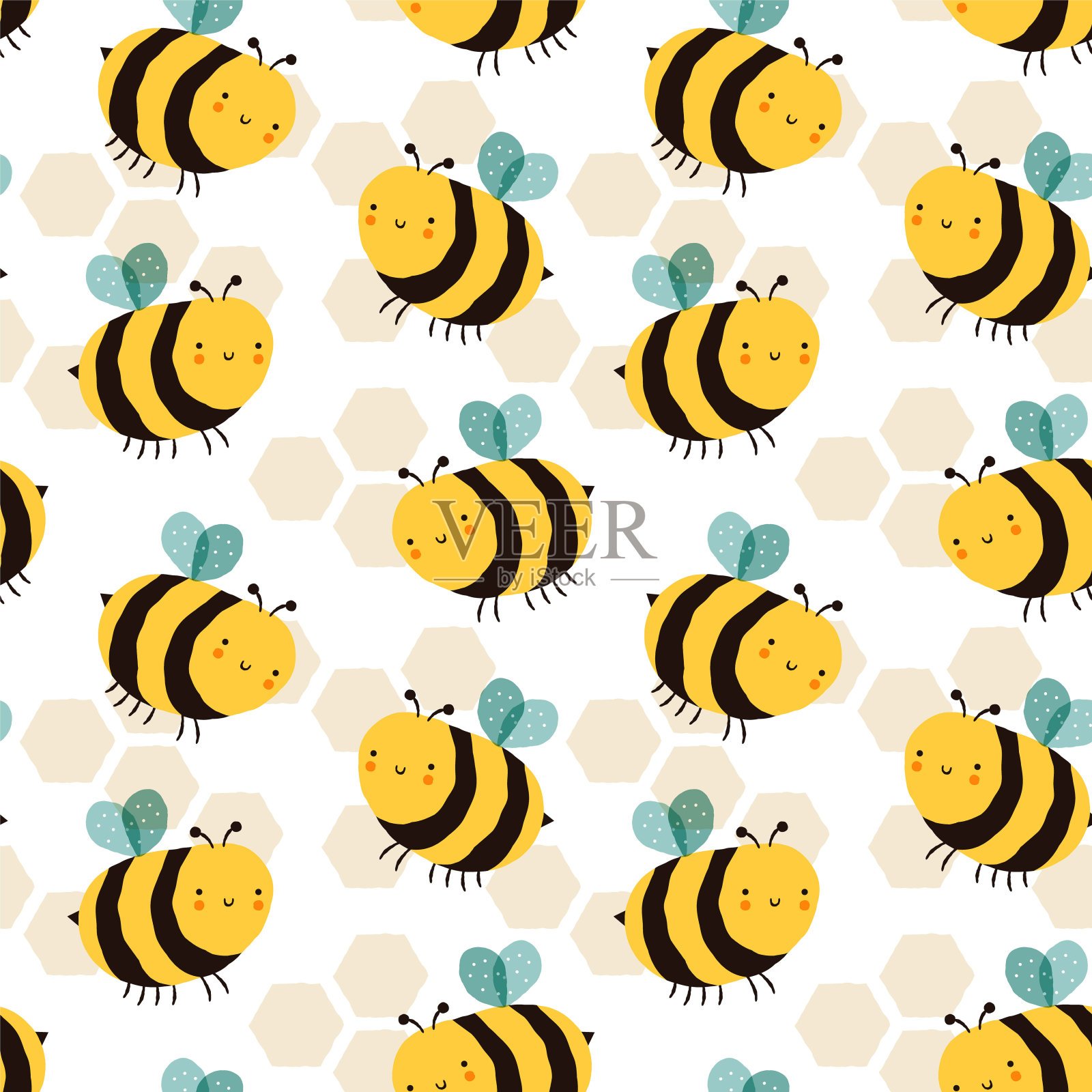 可爱的蜜蜂卡通搞笑无缝图案插画图片素材