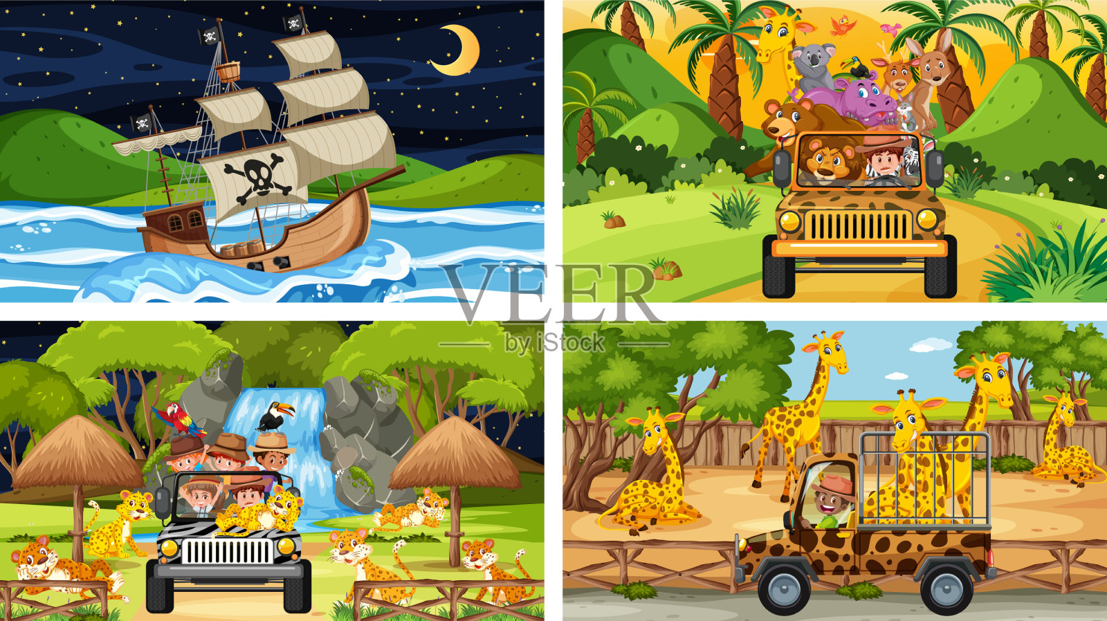 一组动物园里动物的不同场景插画图片素材