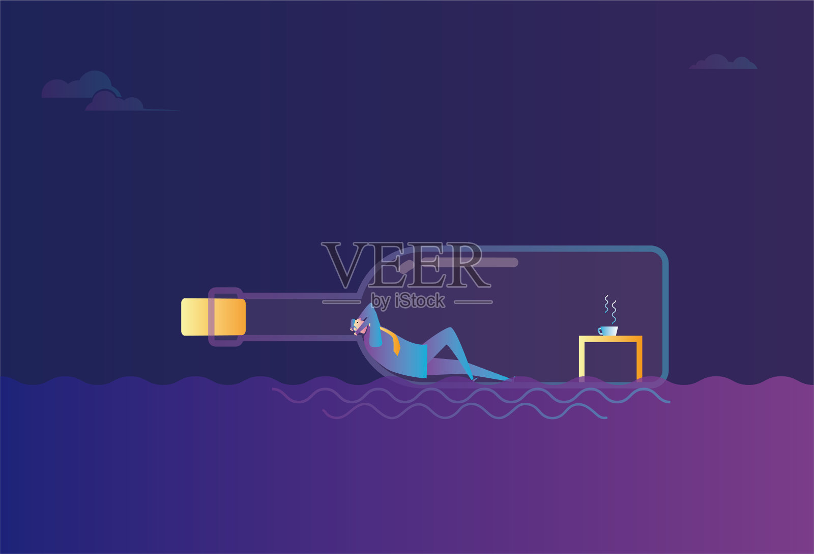 一个商人躺在漂流瓶里，漂浮在大海上插画图片素材