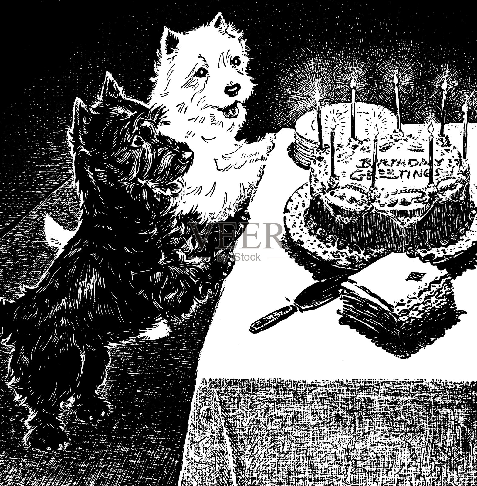 两只狗和生日蛋糕插画图片素材