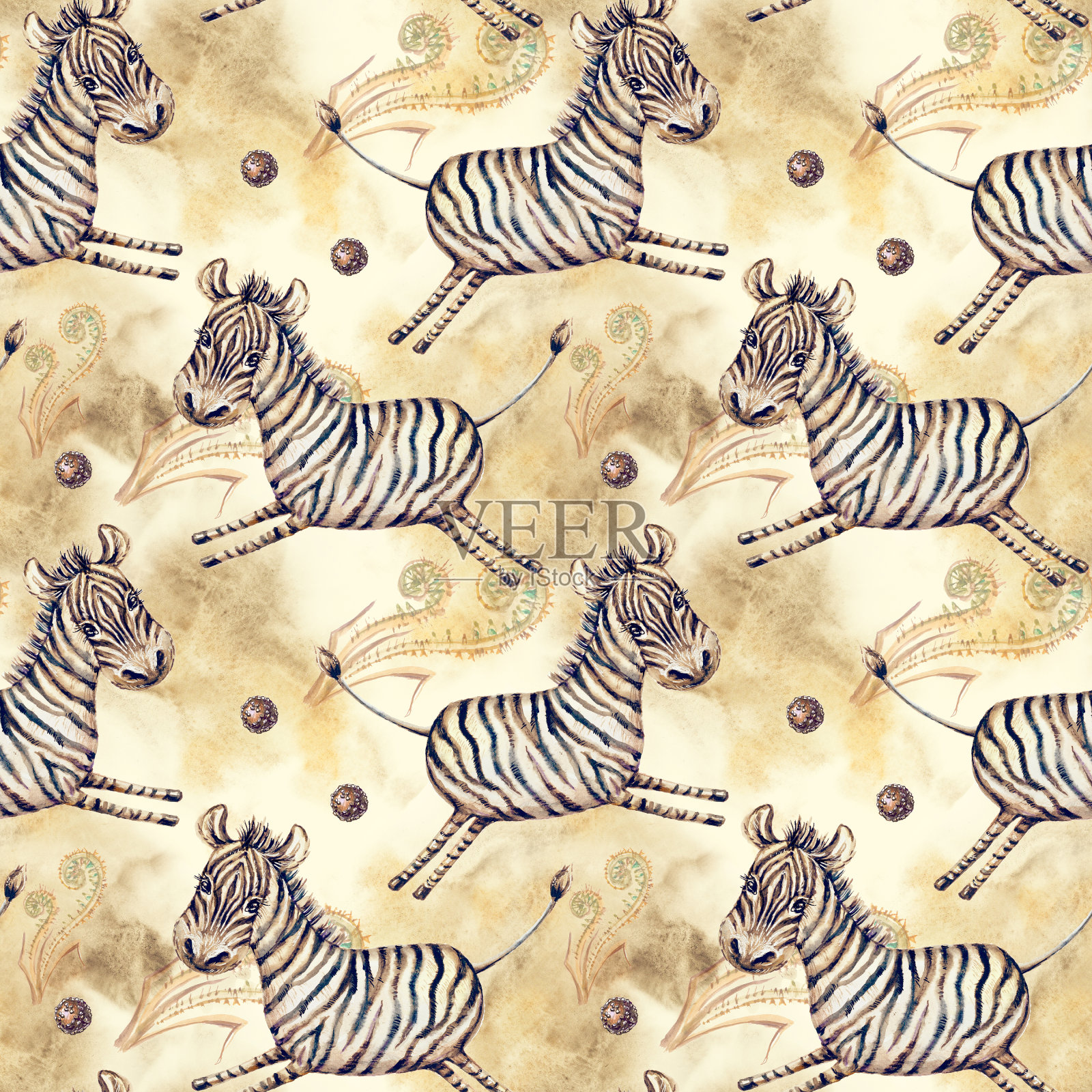 无缝图案与有趣的斑马画水彩插画图片素材