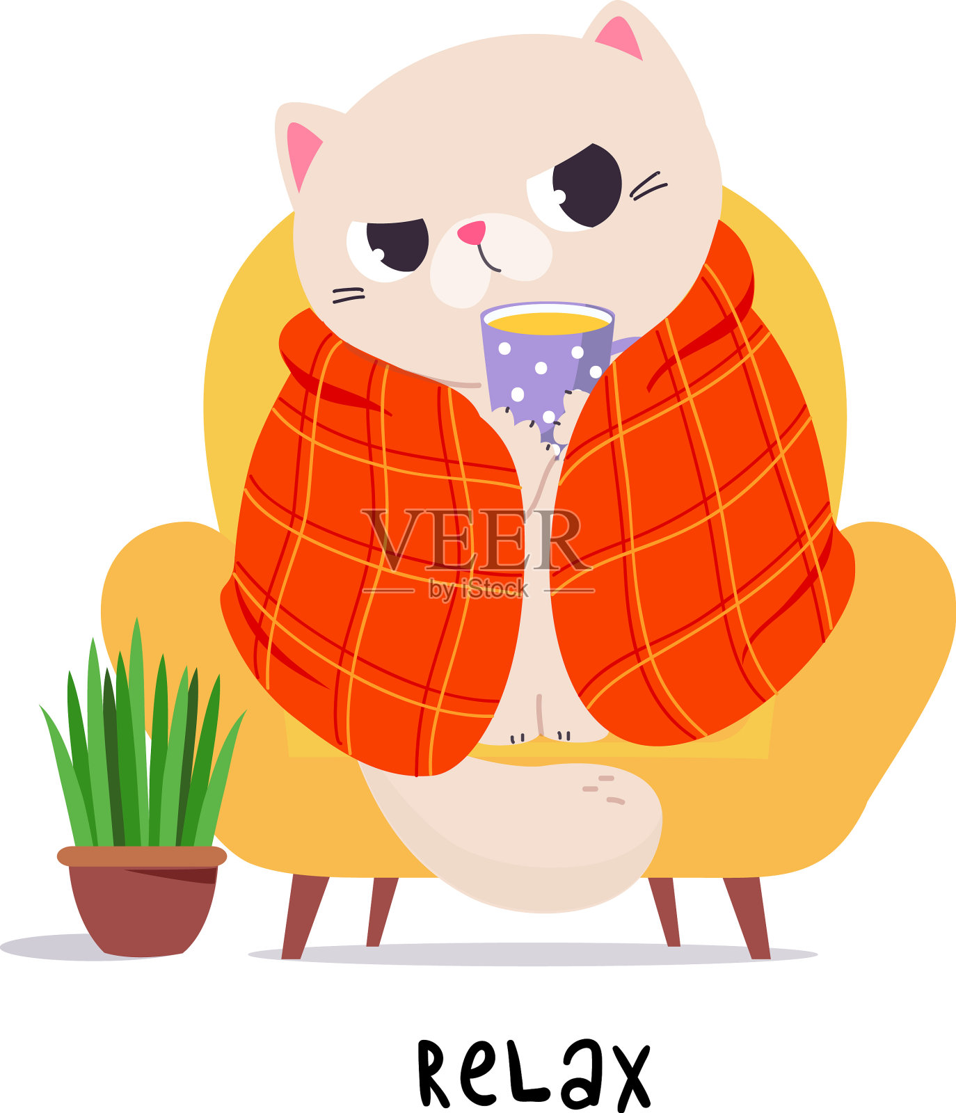 有趣的猫躺在毯子里，喝着热饮插画图片素材