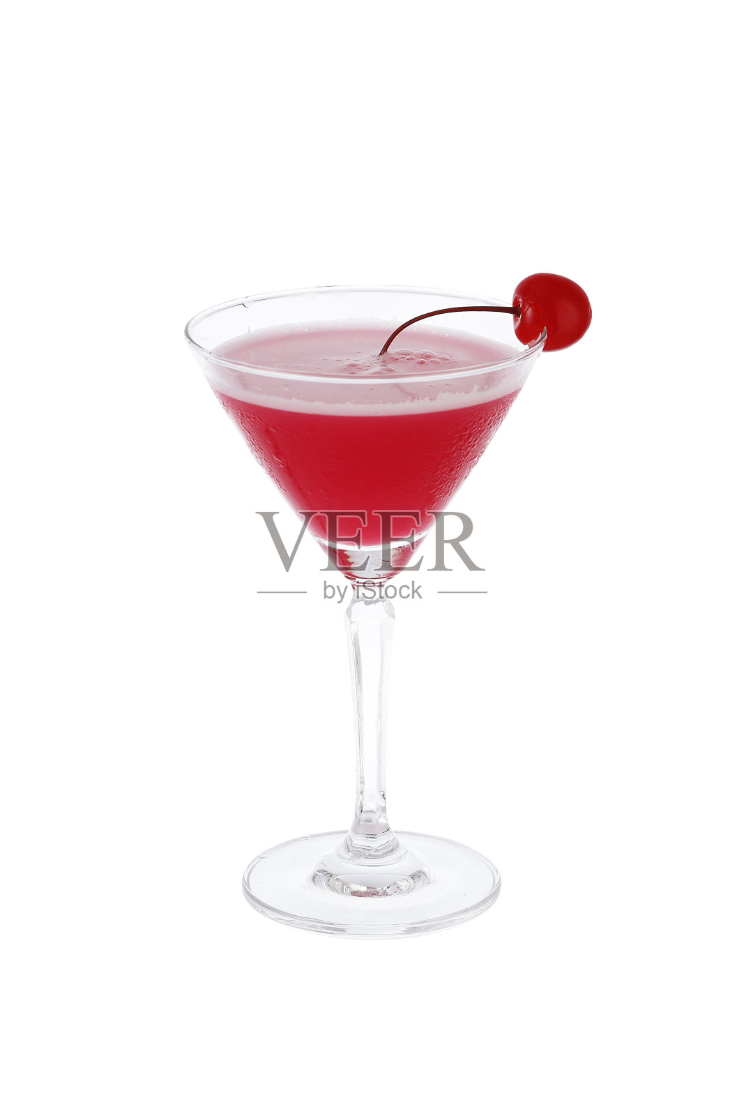 粉色女士鸡尾酒，杯底白色，杯口点缀着新鲜的樱桃。照片摄影图片