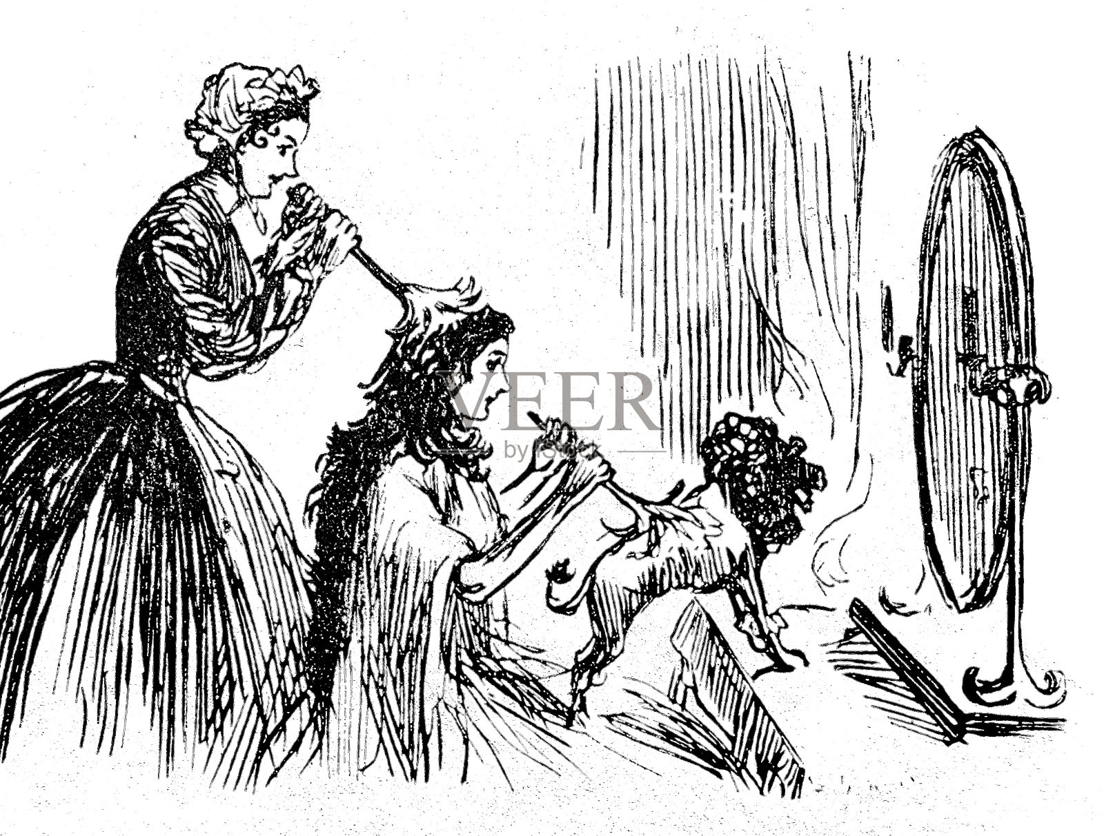 女仆会照顾女士的头发，也会照顾贵宾犬的背部插画图片素材