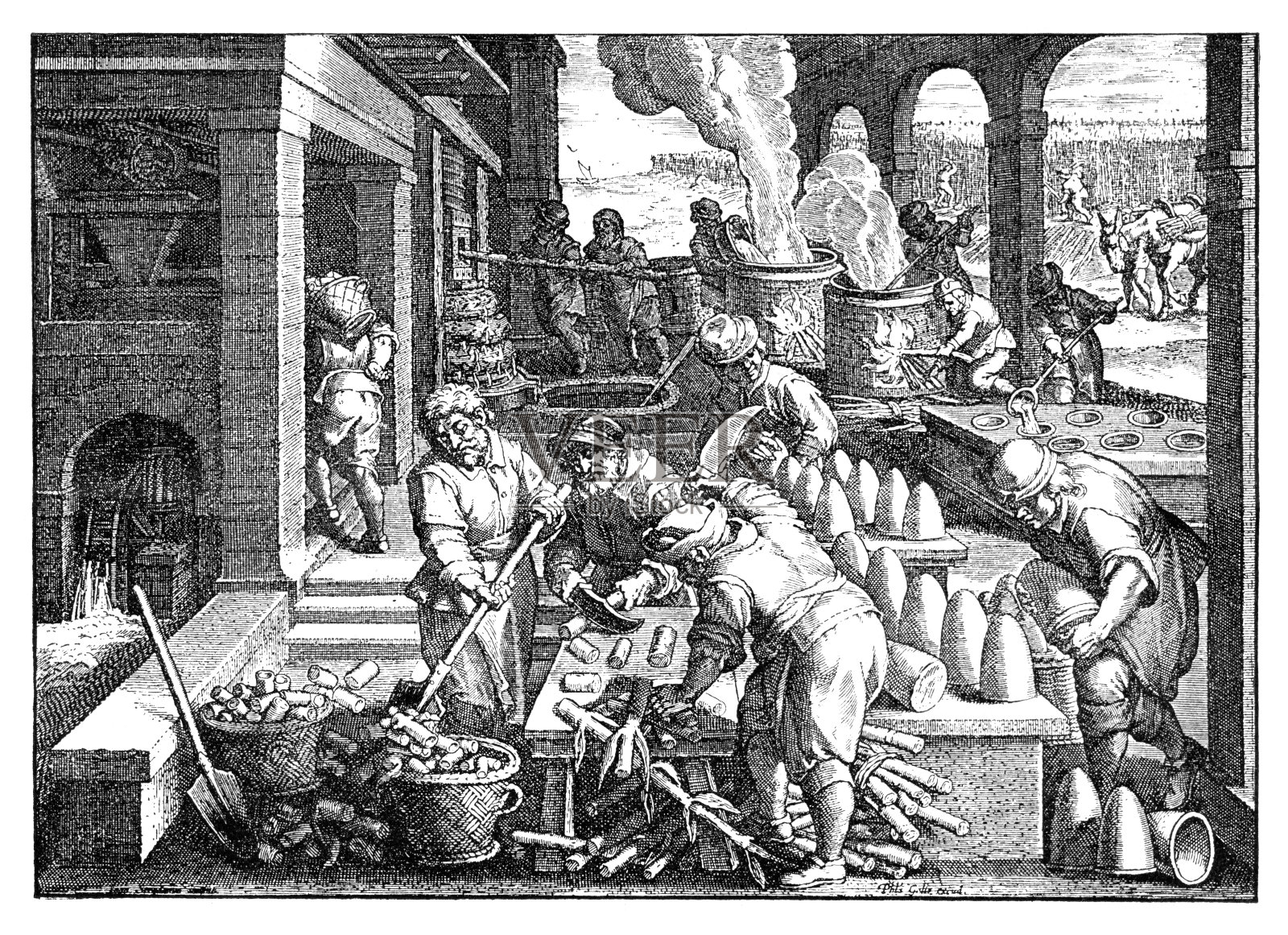 16世纪用甘蔗生产糖的工人插画图片素材