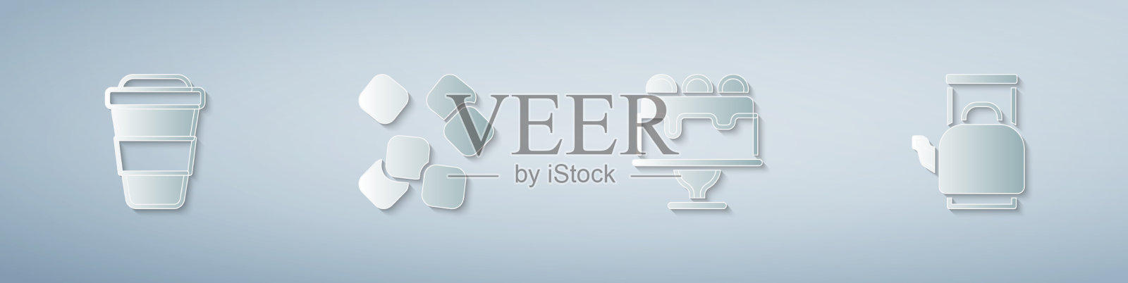 准备咖啡杯、方糖、蛋糕和水壶图标素材