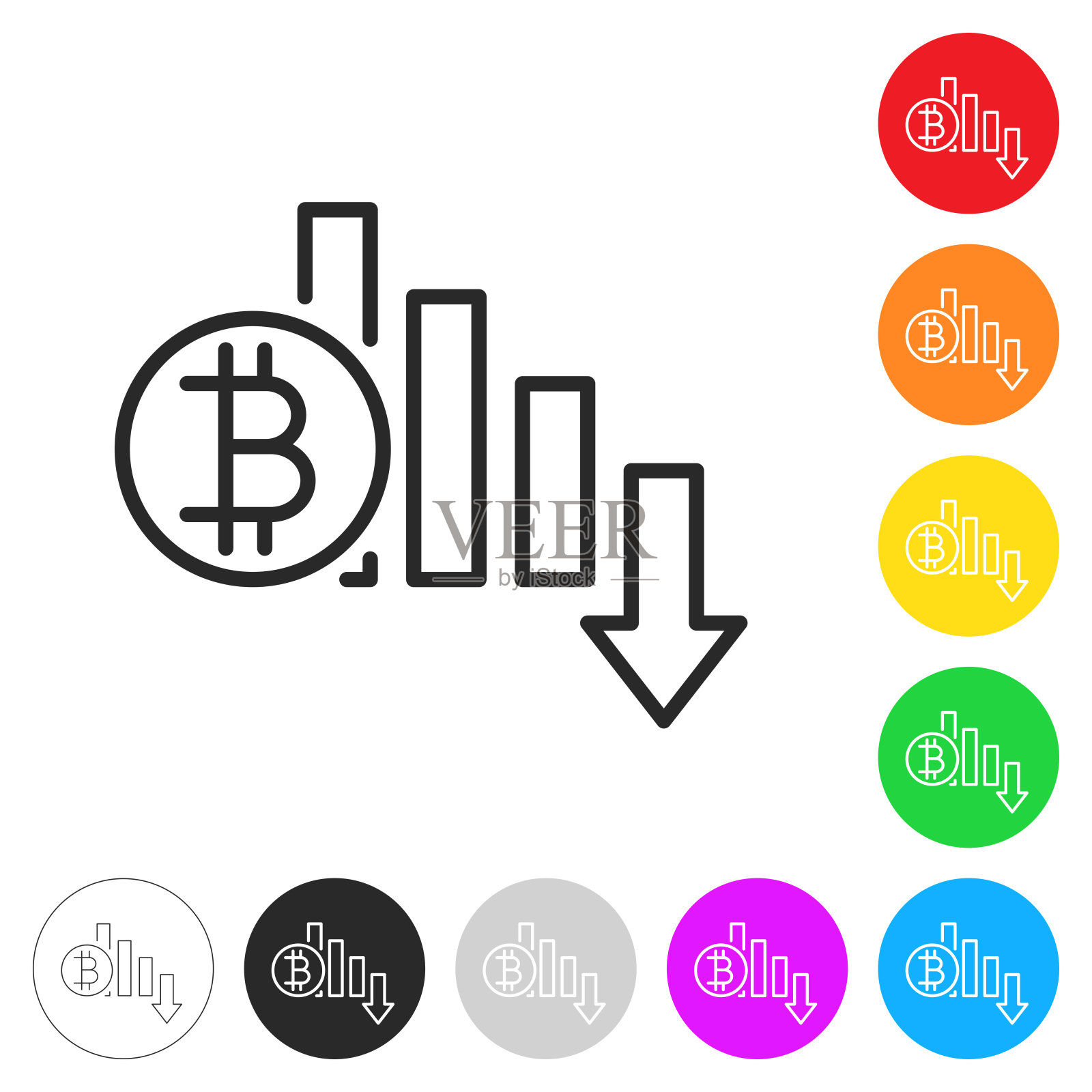比特币率降低。彩色按钮上的图标插画图片素材