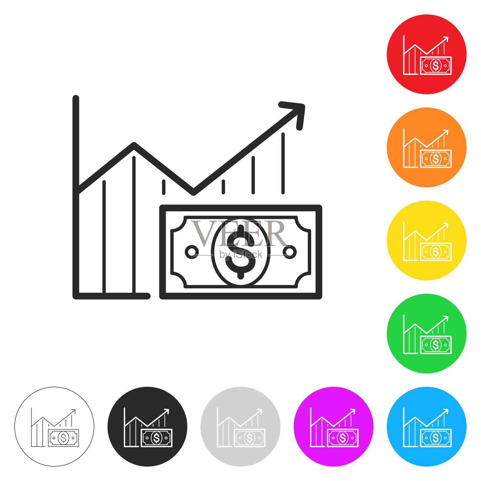 与美元钞票增长图表。彩色按钮上的图标插画图片素材