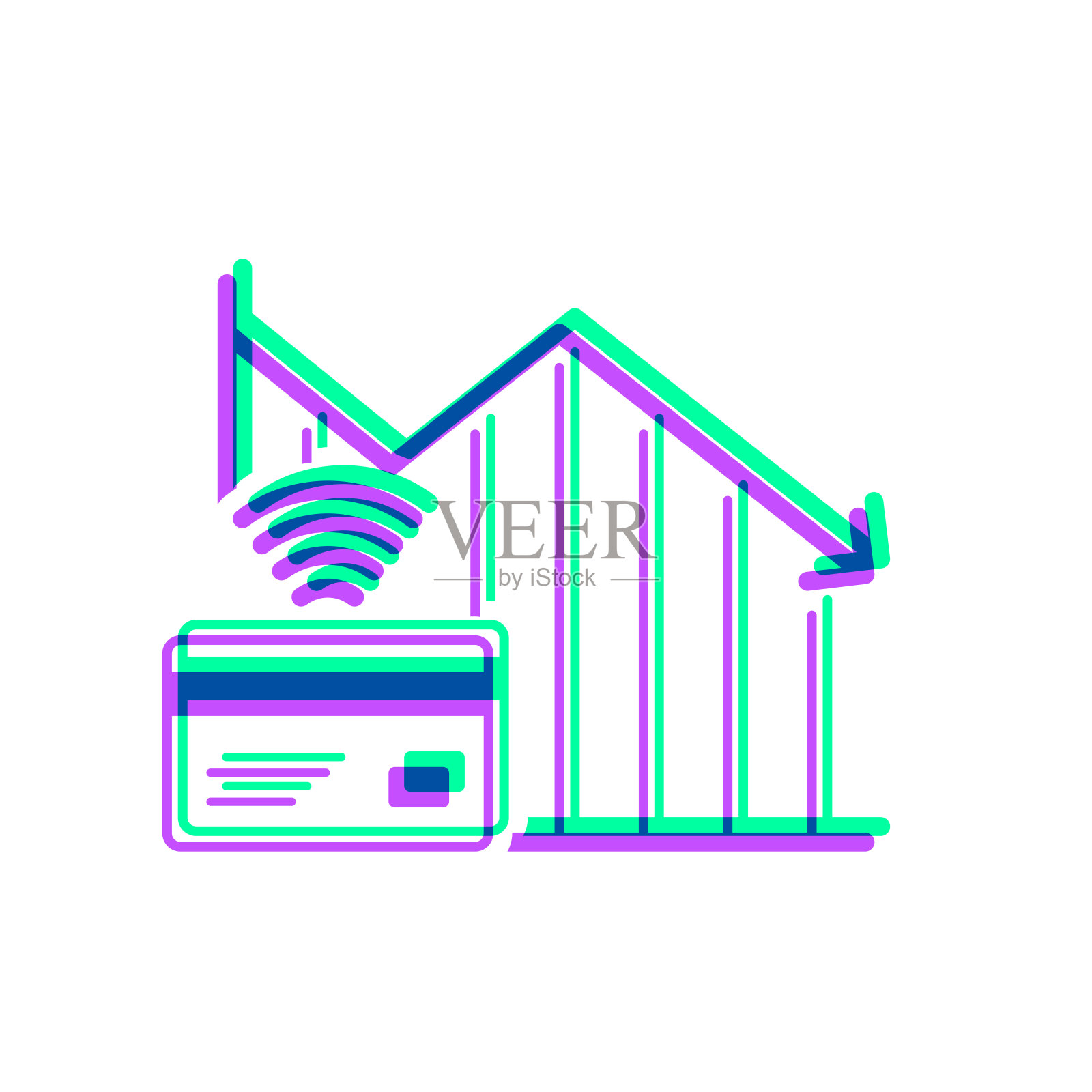 非接触式支付减少图表。图标与两种颜色叠加在白色背景上插画图片素材