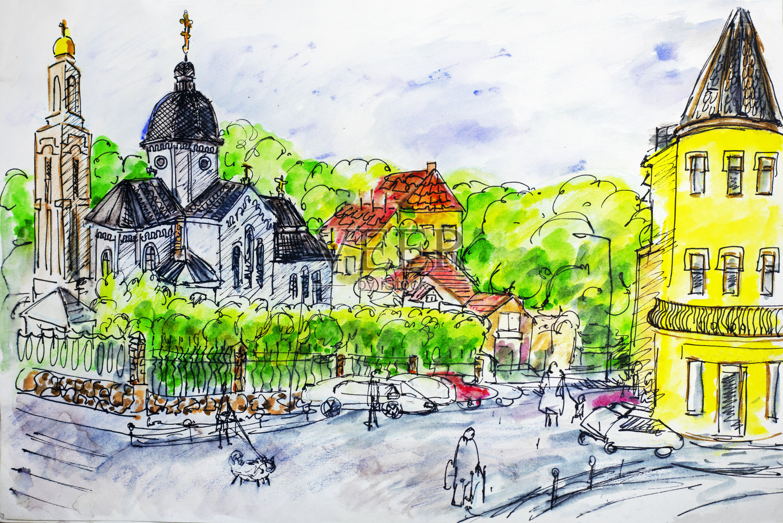 乌克兰西部小城特鲁斯卡韦茨的一座古老教堂。水彩城市插画。草图。乌克兰战争插画图片素材