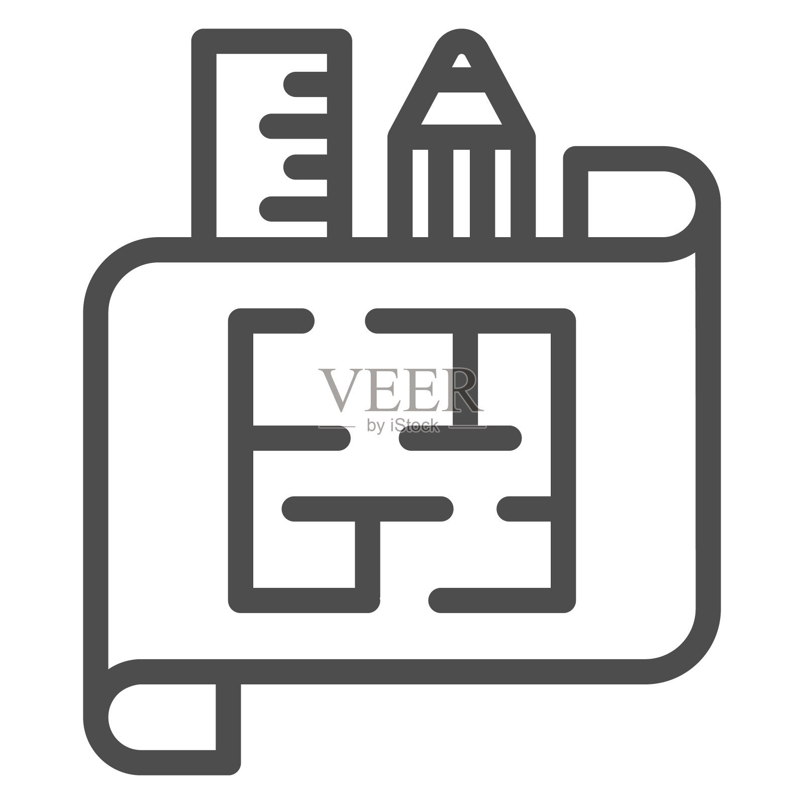 房子平面图在纸上用尺子和铅笔线图标，室内设计概念，建筑房子平面图在白色背景上签字，房子方案图标在轮廓风格。矢量图形。图标素材