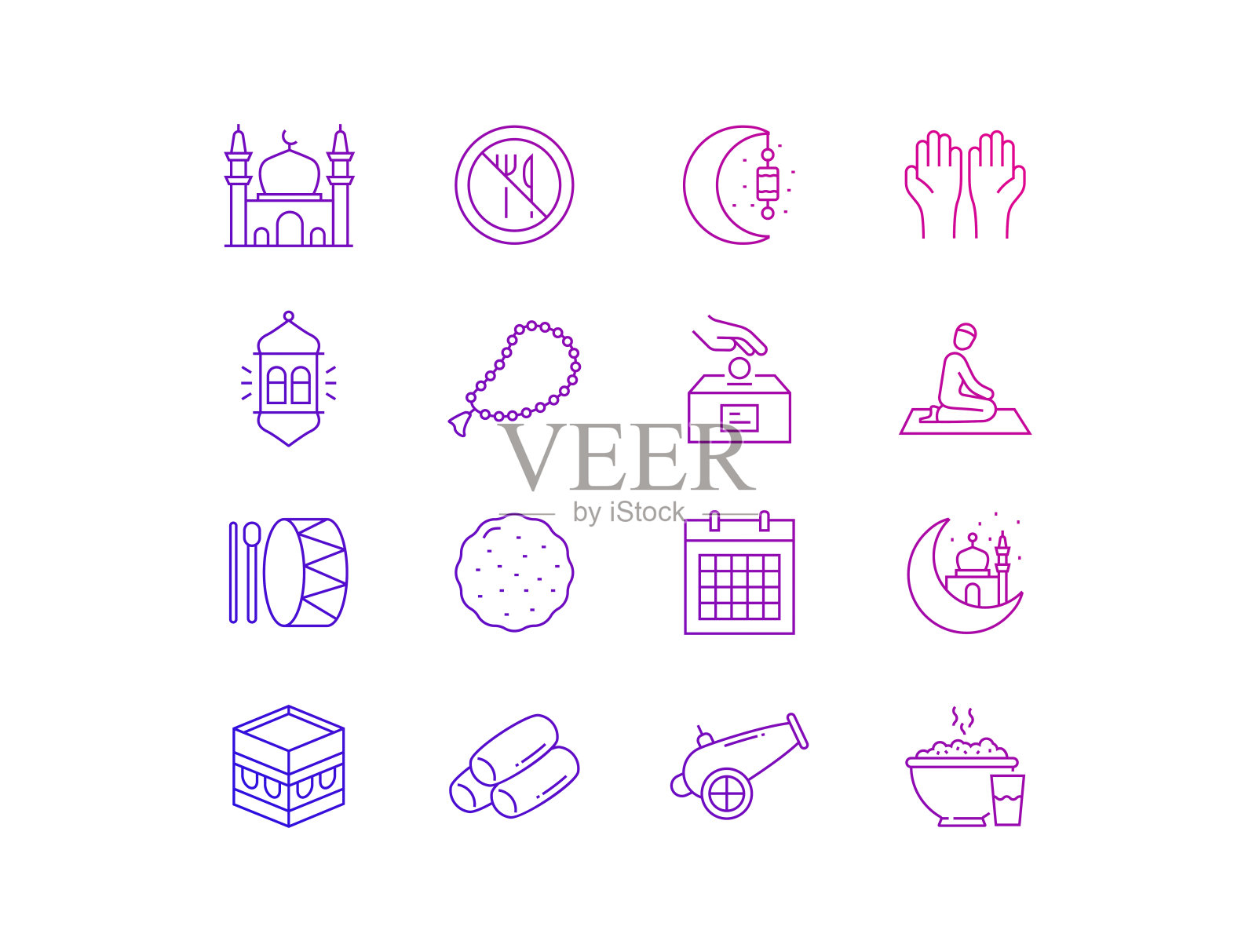 斋月相关的线条图标。轮廓符号矢量图插画图片素材