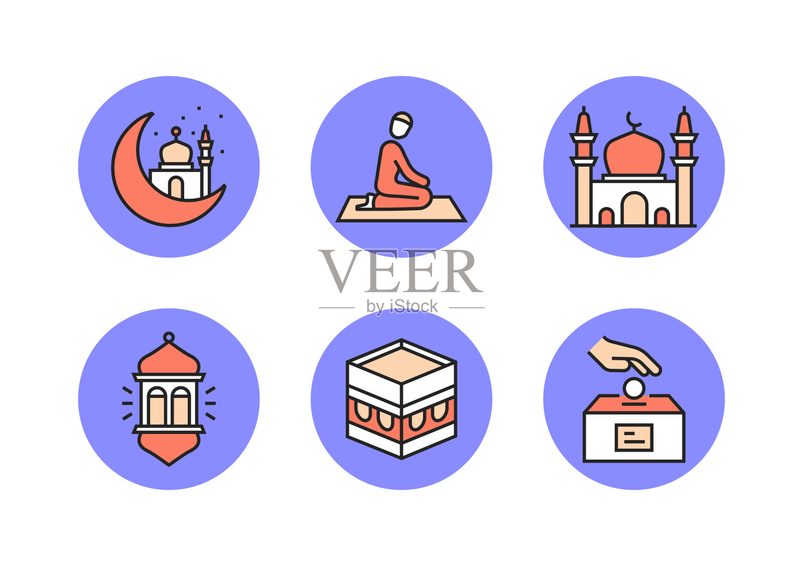 斋月相关的线条图标。轮廓符号矢量图插画图片素材