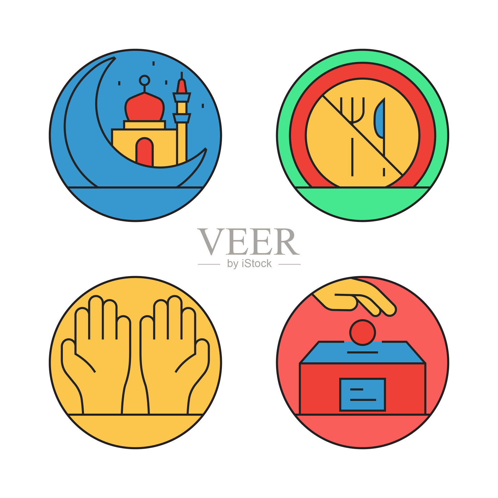 斋月相关的线条图标。轮廓符号矢量图插画图片素材