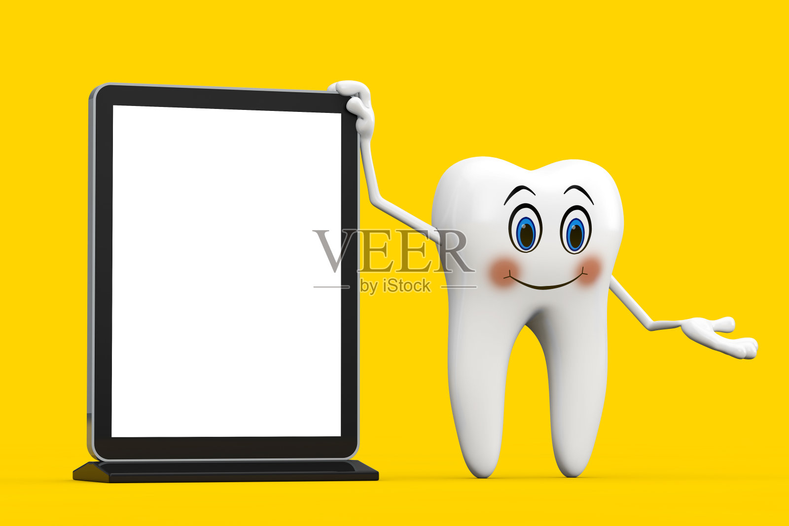 白色牙齿的人性格吉祥物与空白贸易显示LCD屏幕显示Stand为您的设计模板。3d渲染照片摄影图片