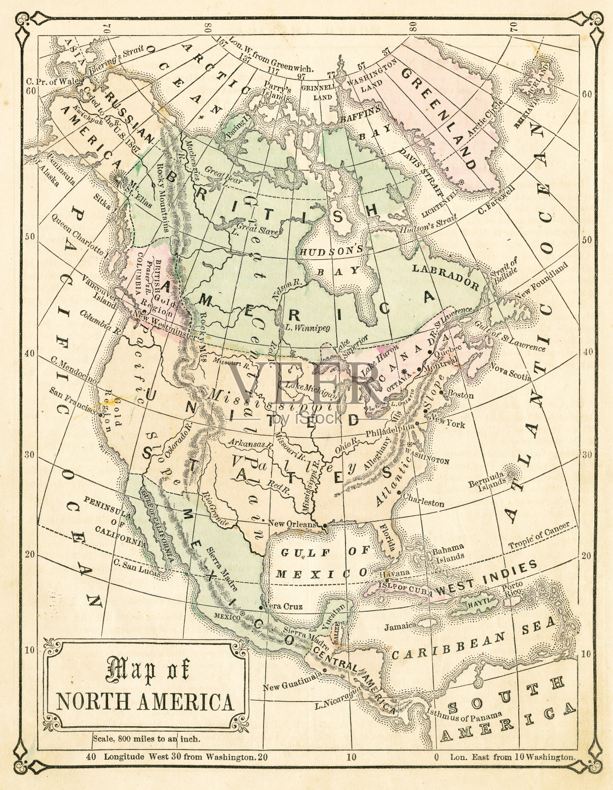 1867年北美地图插画图片素材