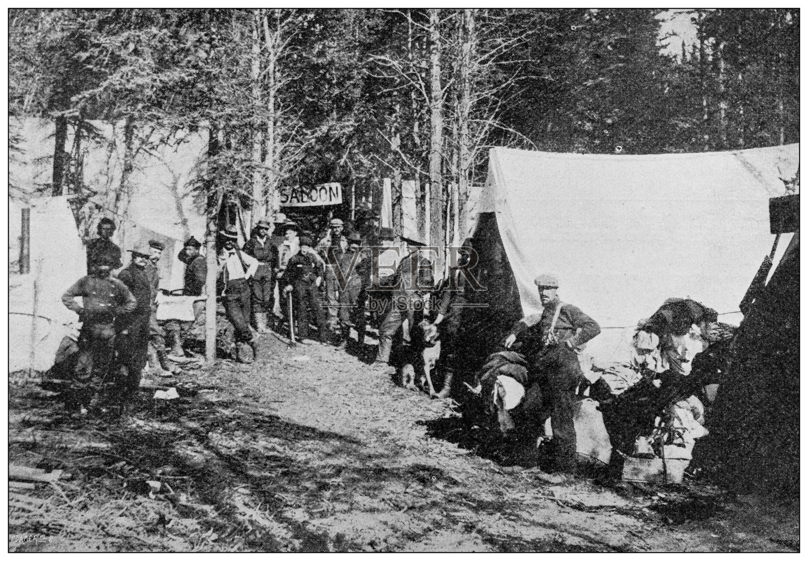 古董图:加拿大育空地区的淘金热。阿特林湖的第一个定居点插画图片素材