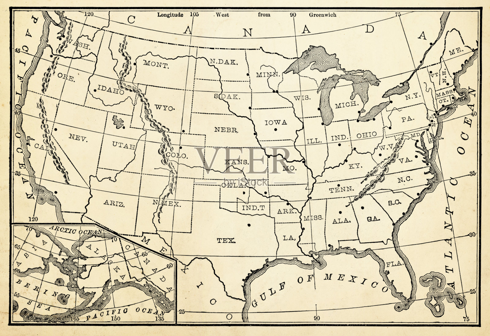 1896年美国地图插画图片素材