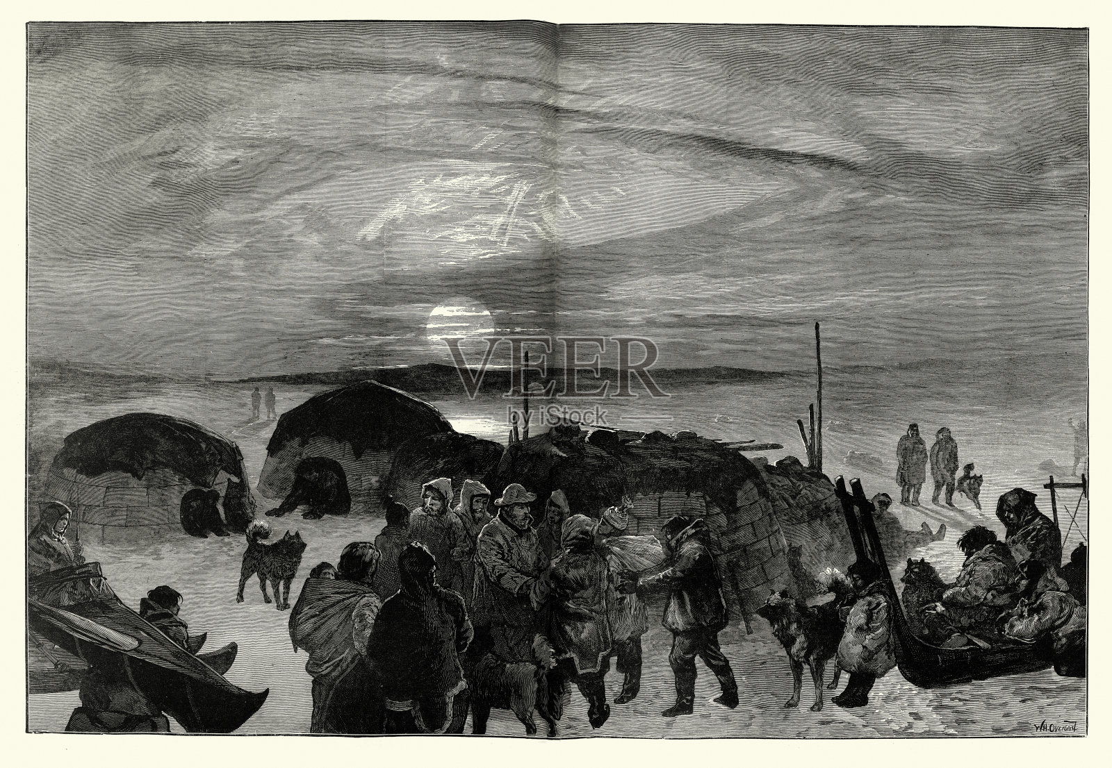 弗雷德里克·施瓦特卡的《寻找富兰克林的探险》，《午夜的太阳》，与19世纪北极探险家Netchillik Esquimaux会面插画图片素材