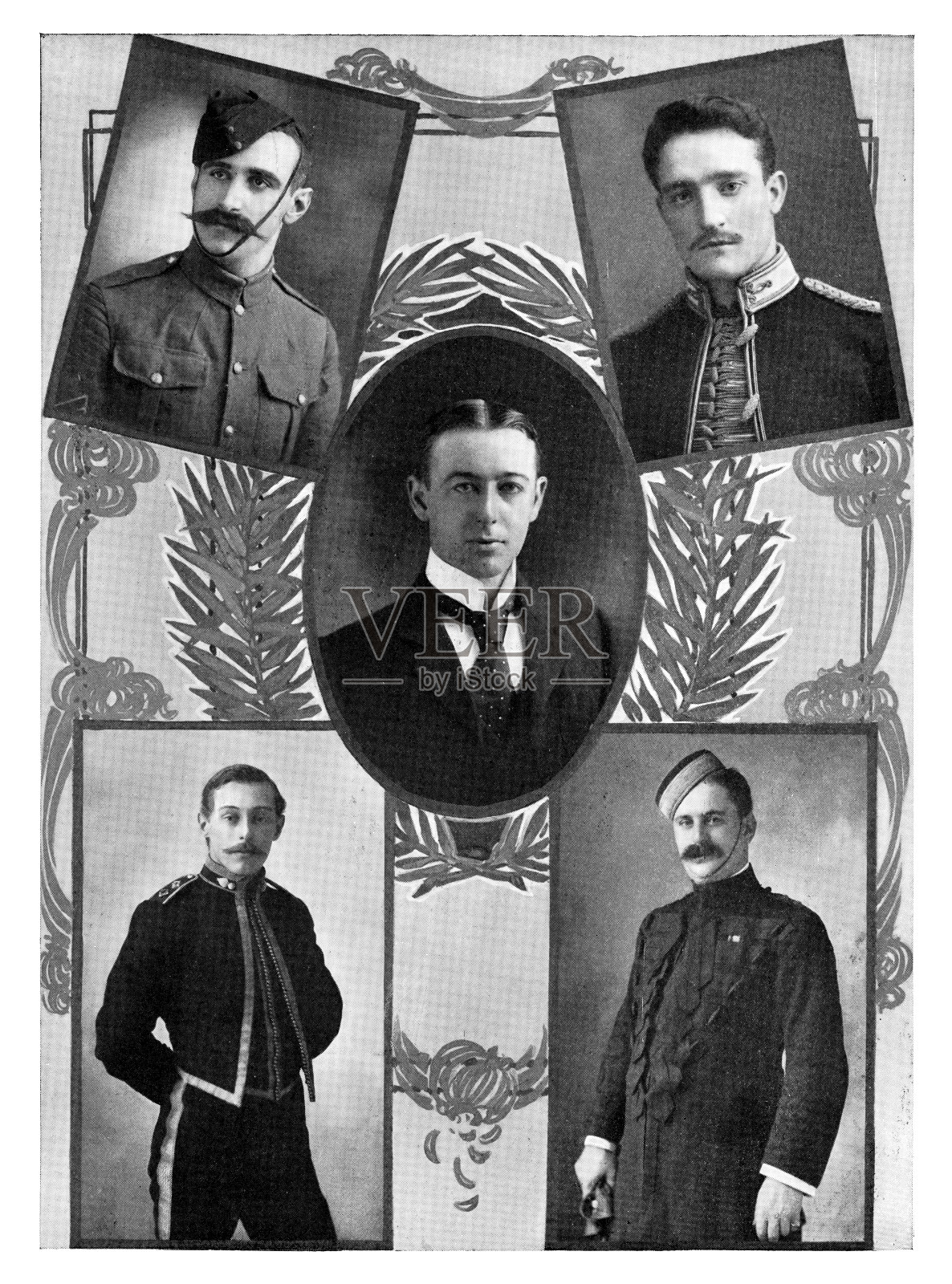 19世纪南非，加拿大骑兵(加拿大皇家龙骑兵)第1营的多名加拿大军官插画图片素材