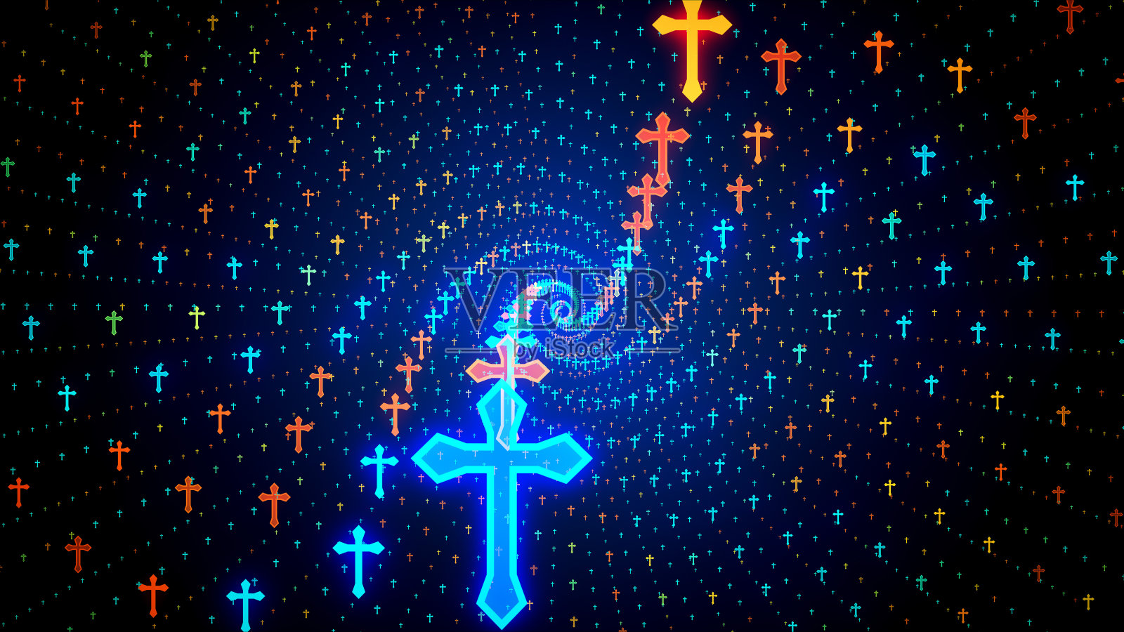 抽象精神蓝橙黄光泽几何螺旋十字架耶稣基督教符号粒子内衬图案插画图片素材