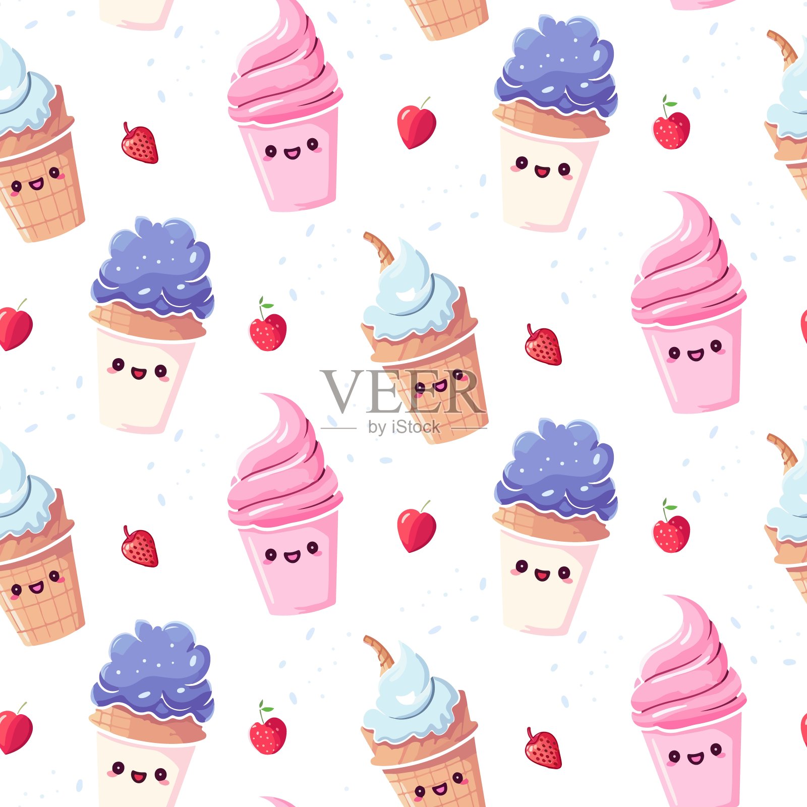 可爱的矢量图案与粉红色和紫色的冰淇淋和草莓在白色的背景插画图片素材
