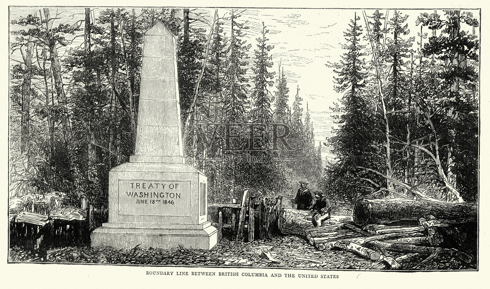 加拿大和美国的边界，边界和纪念碑，不列颠哥伦比亚省，1870年代，维多利亚，19世纪插画图片素材