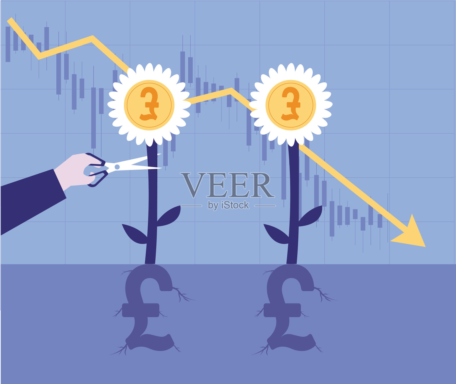 用剪刀剪正在生长的磅花，股票市场下跌插画图片素材