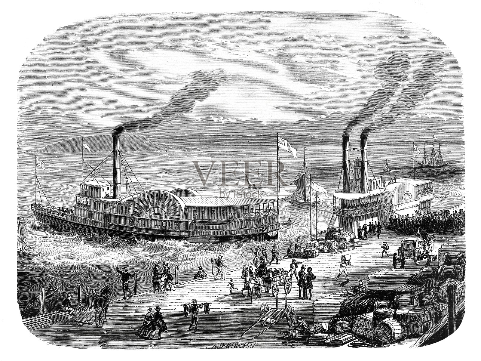 旧金山港的码头上有一艘明轮船插画图片素材