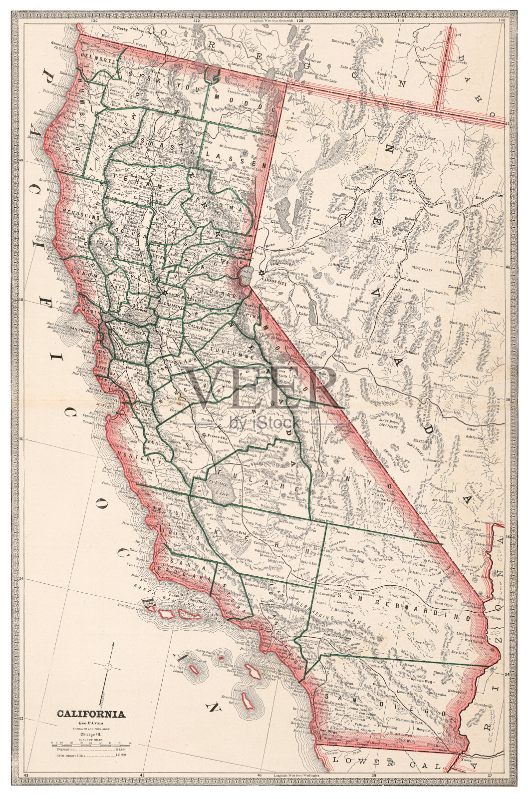 1883年美国加利福尼亚州地图插画图片素材