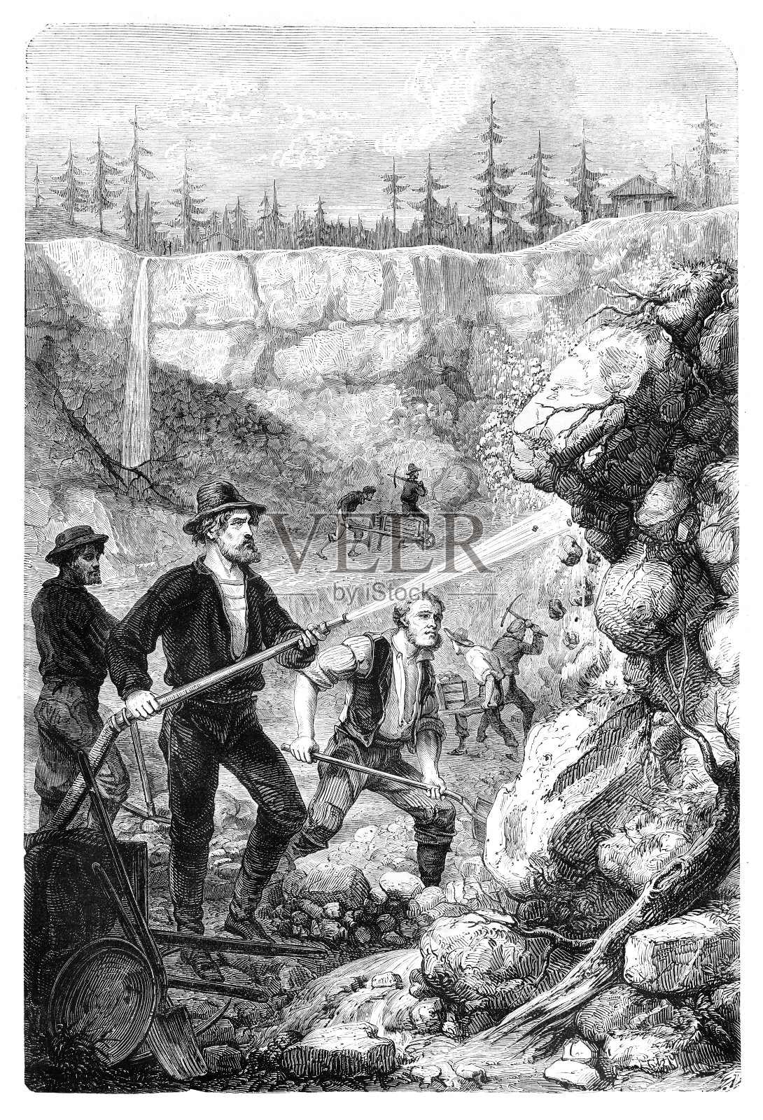 1862年美国加利福尼亚州旧金山矿井中挖金子的男人插画图片素材