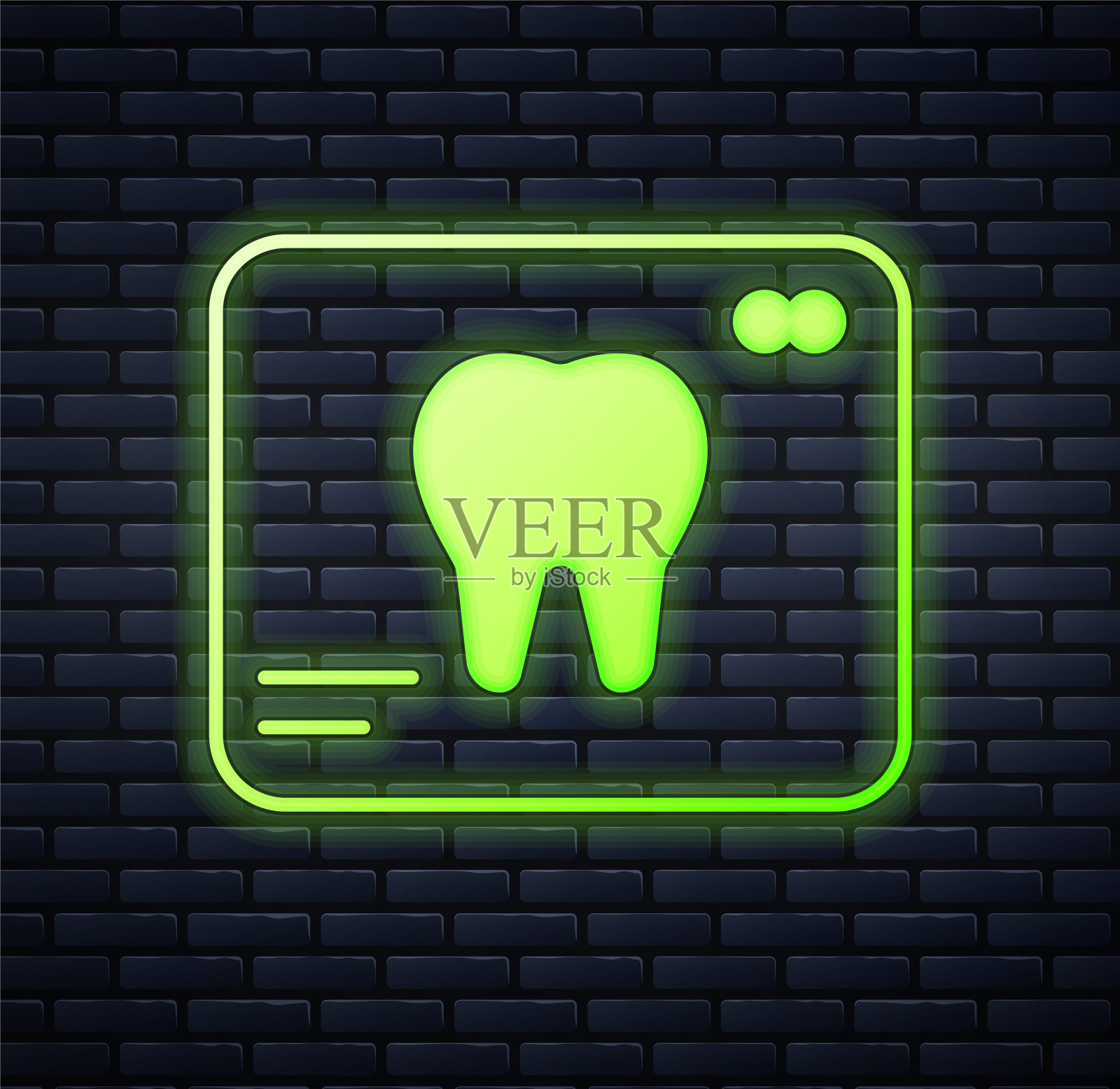 发光的霓虹灯x射线的牙齿图标孤立的砖墙背景。牙科x光。放射学图像。向量插画图片素材