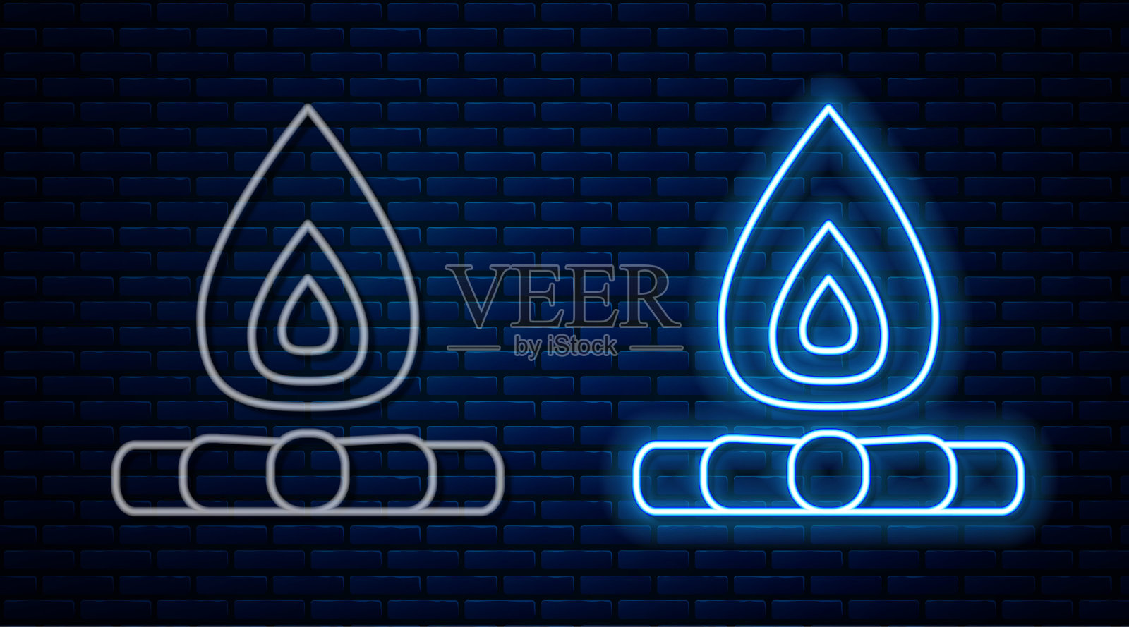 发光的霓虹灯线营火图标孤立的砖墙背景。用木头燃烧篝火。向量插画图片素材
