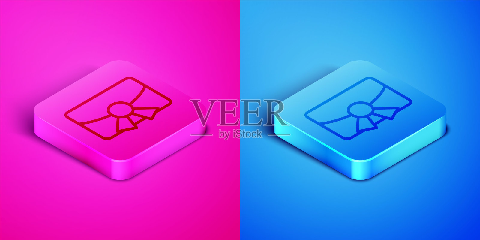 2.5D圣诞明信片图标，粉蓝背景线条，新年快乐方形按钮矢量图图标素材