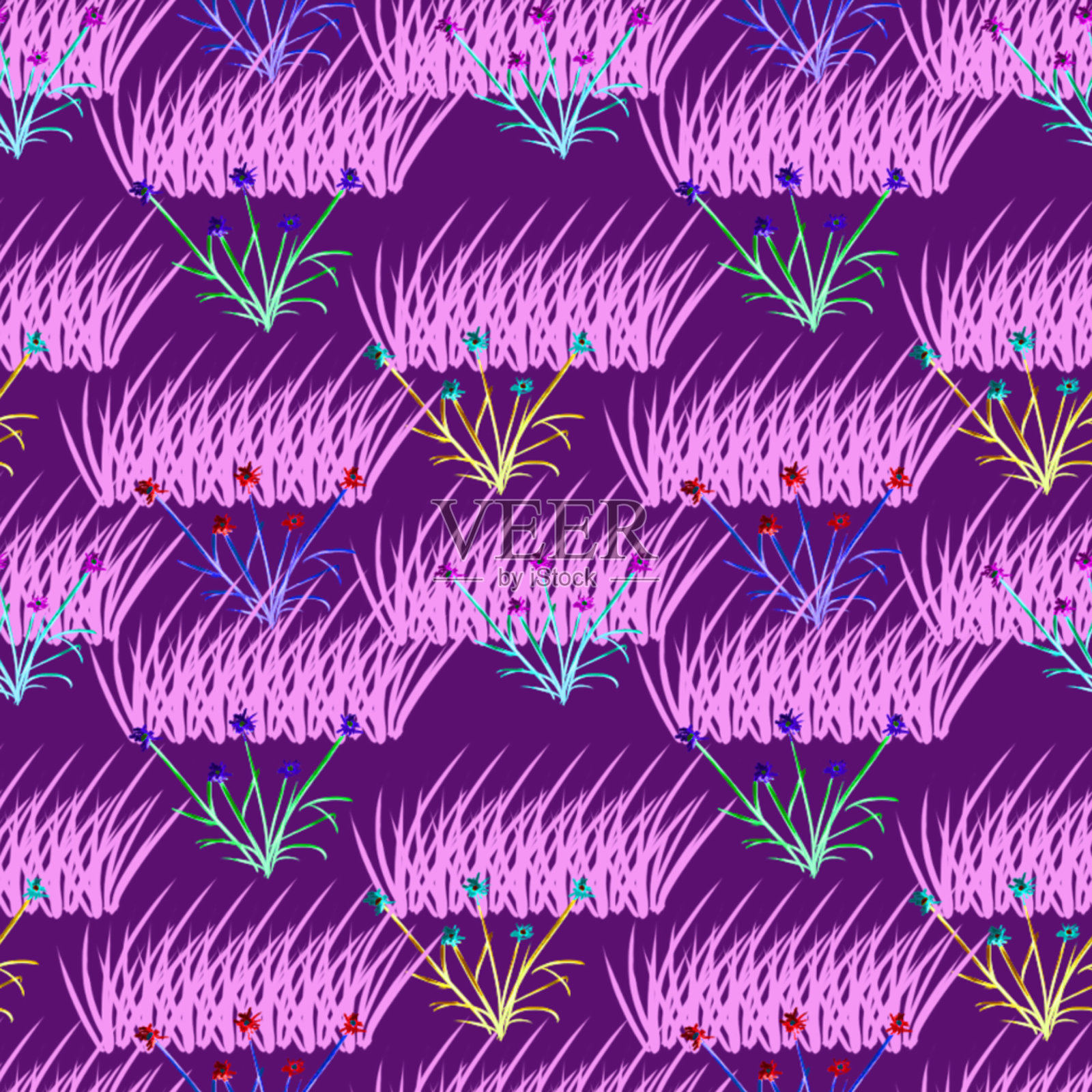 粉红色的草和兰花无缝图案在紫色的背景插画图片素材