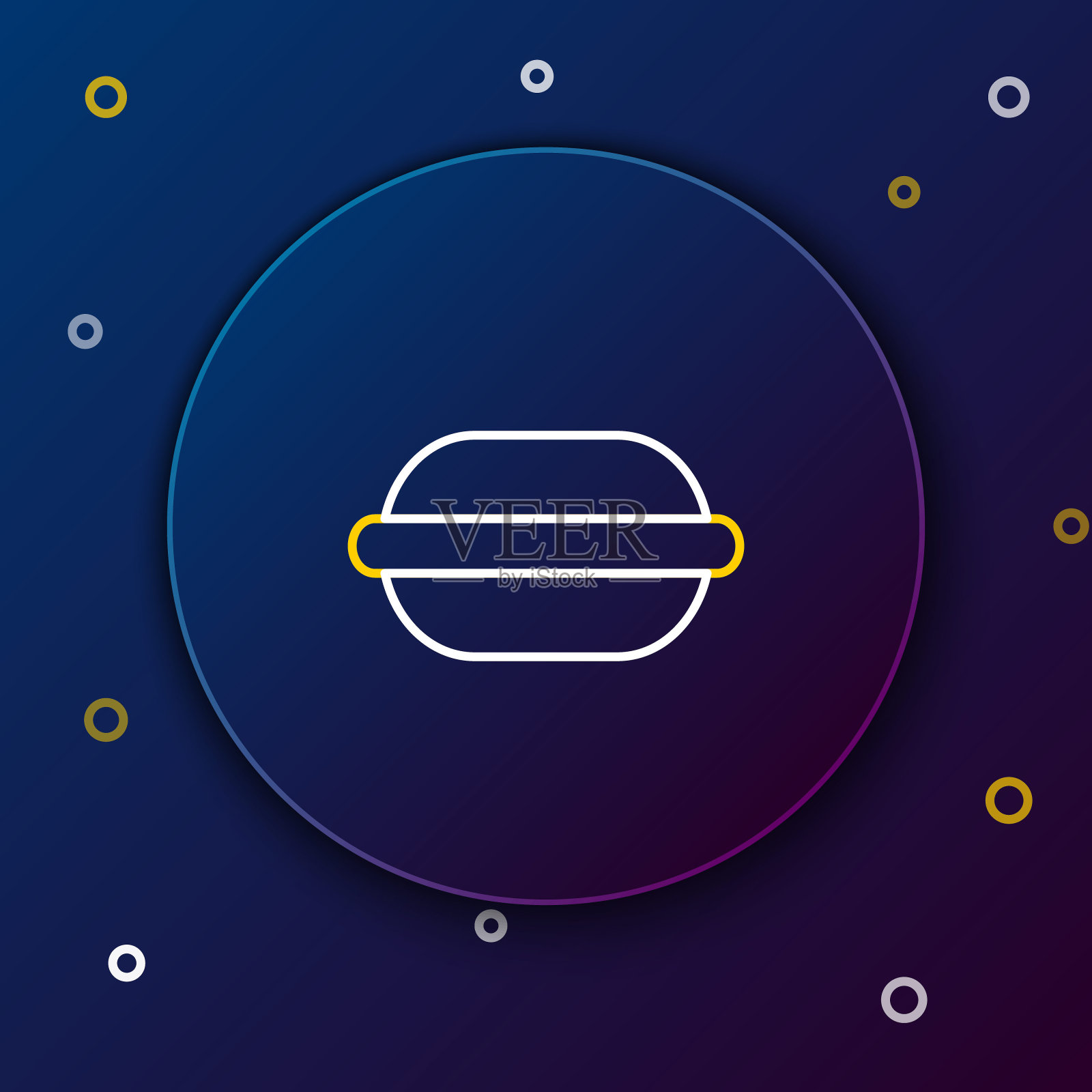 白色和黄色线马卡龙饼干图标隔离在深蓝色的背景。马卡龙甜品店。色彩缤纷的轮廓概念。矢量图插画图片素材