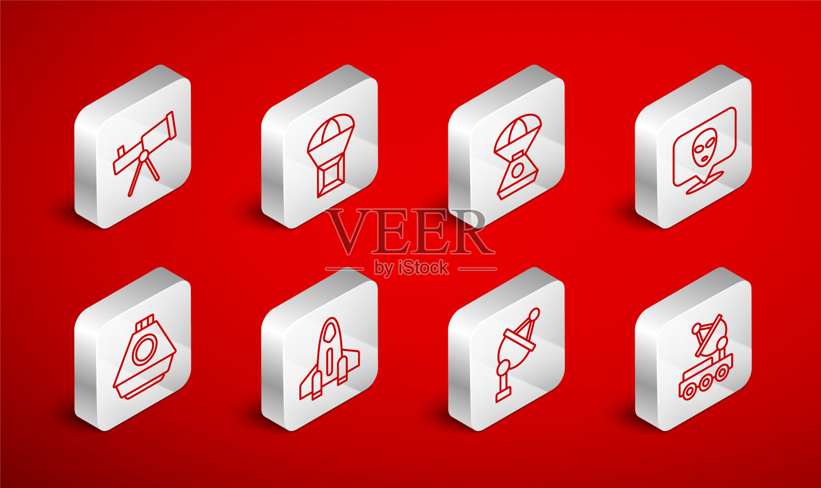 设置线火星探测器，盒子在降落伞上飞行，太空舱，外星人，卫星天线，望远镜，火箭船和图标。向量图标素材